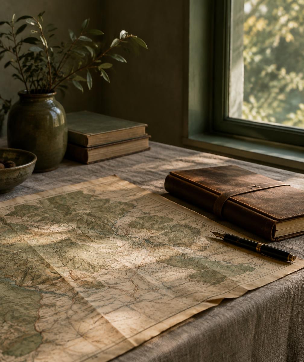 A paper map, leather notebook and pen resting on a linen table in soft light