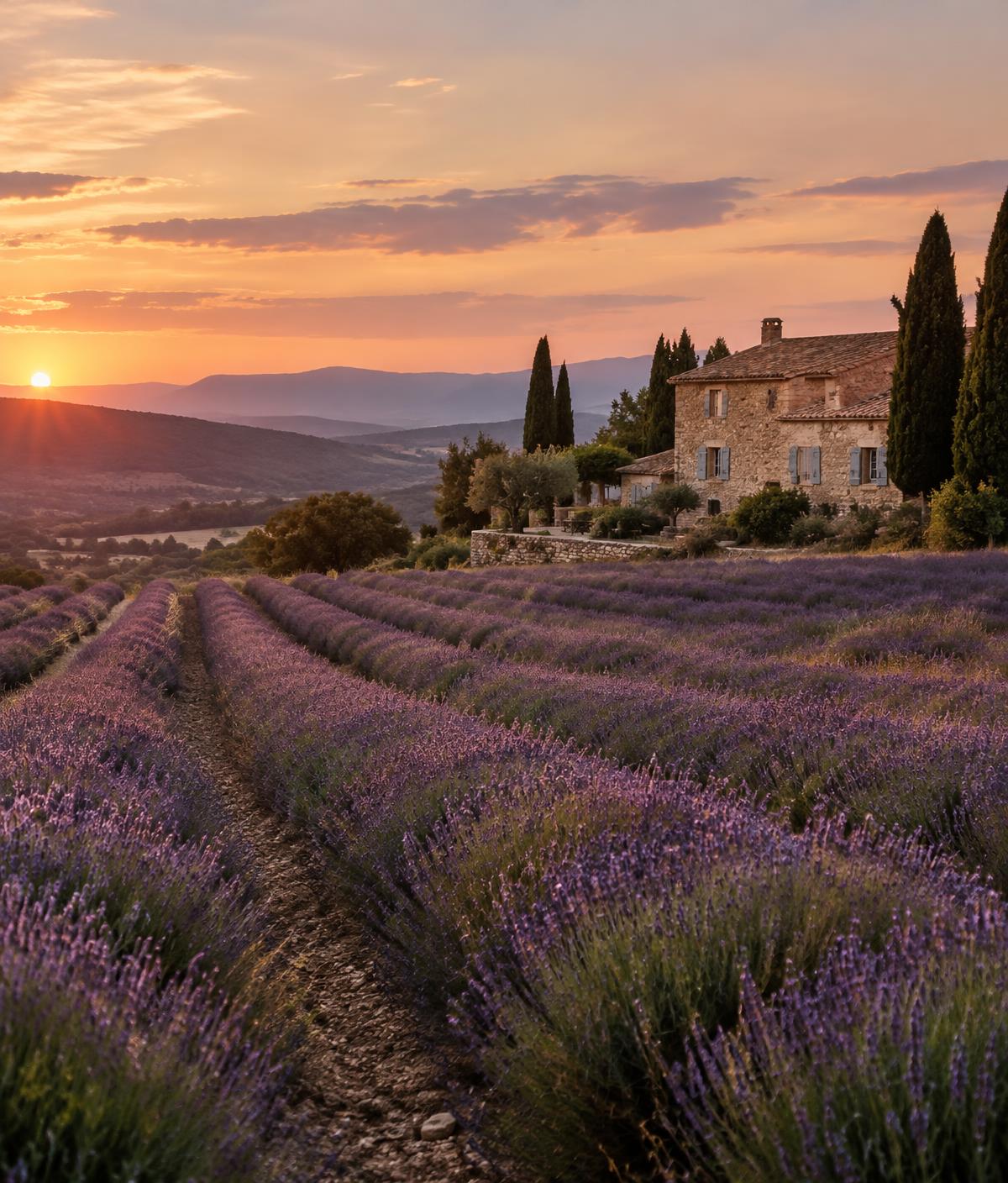 Lavender fields and a stone farmhouse in Provence at sunset