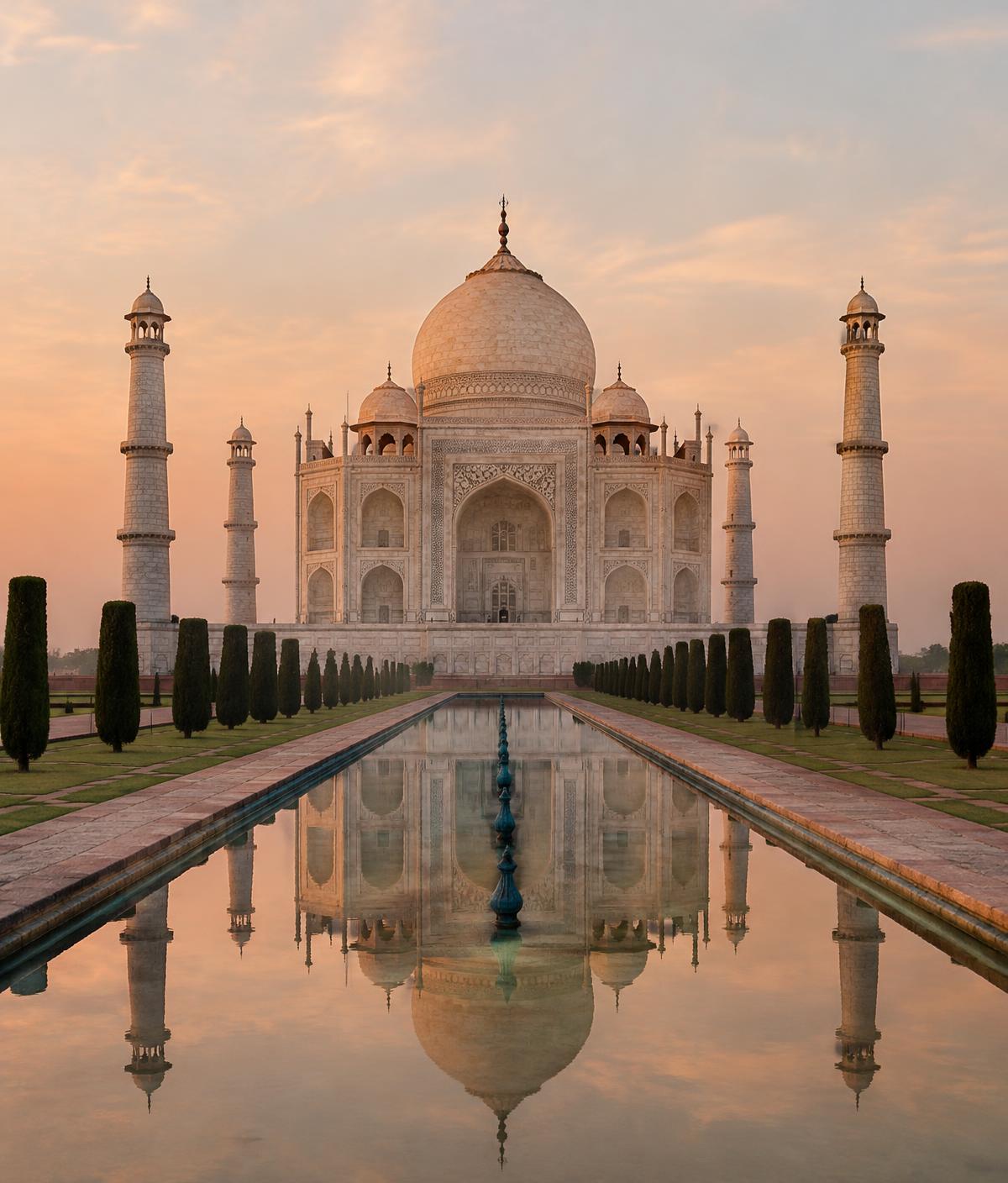 The Taj Mahal and its reflecting pool at sunrise in Agra, India
