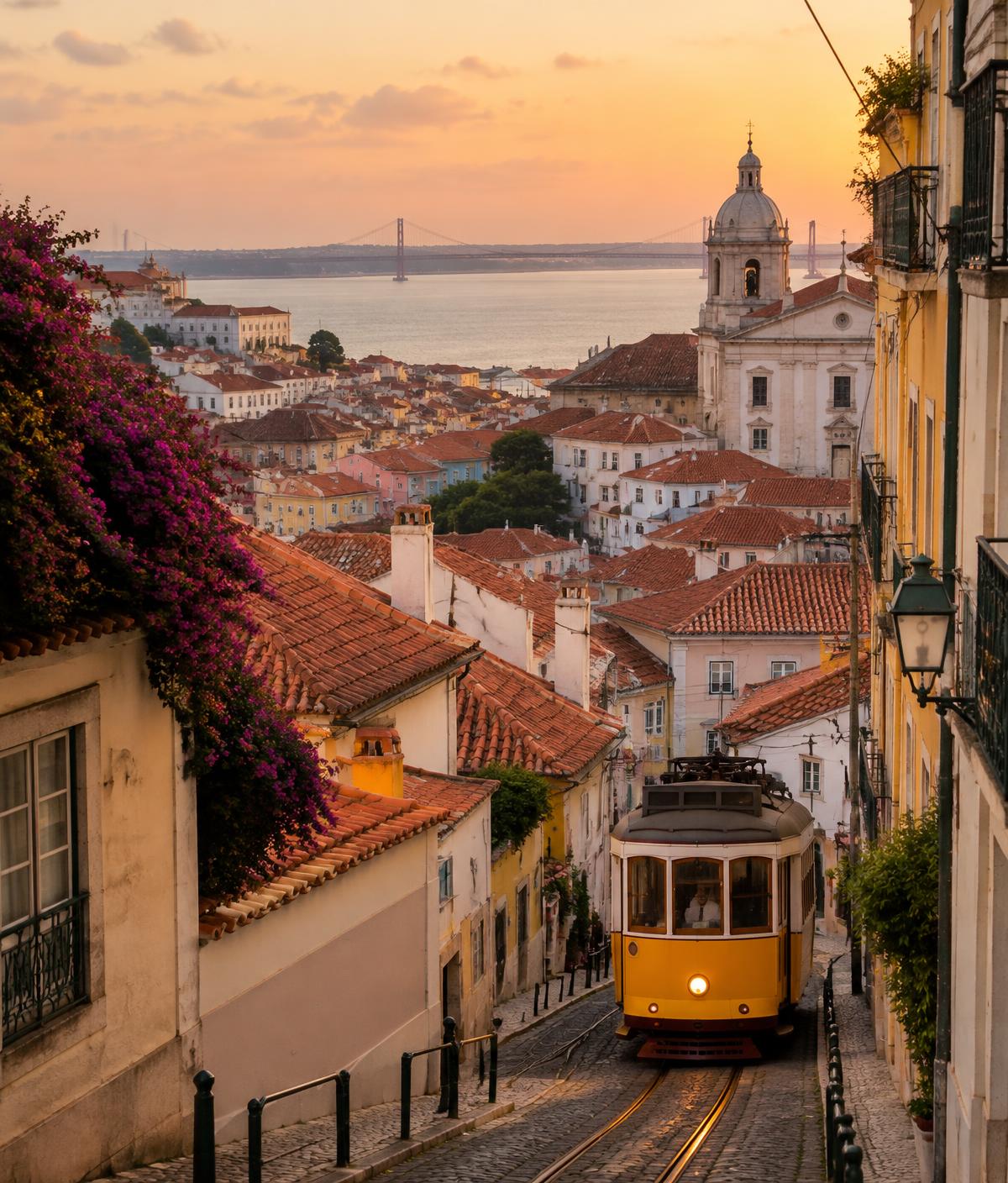 A yellow tram climbing a cobbled street above Lisbon's terracotta rooftops