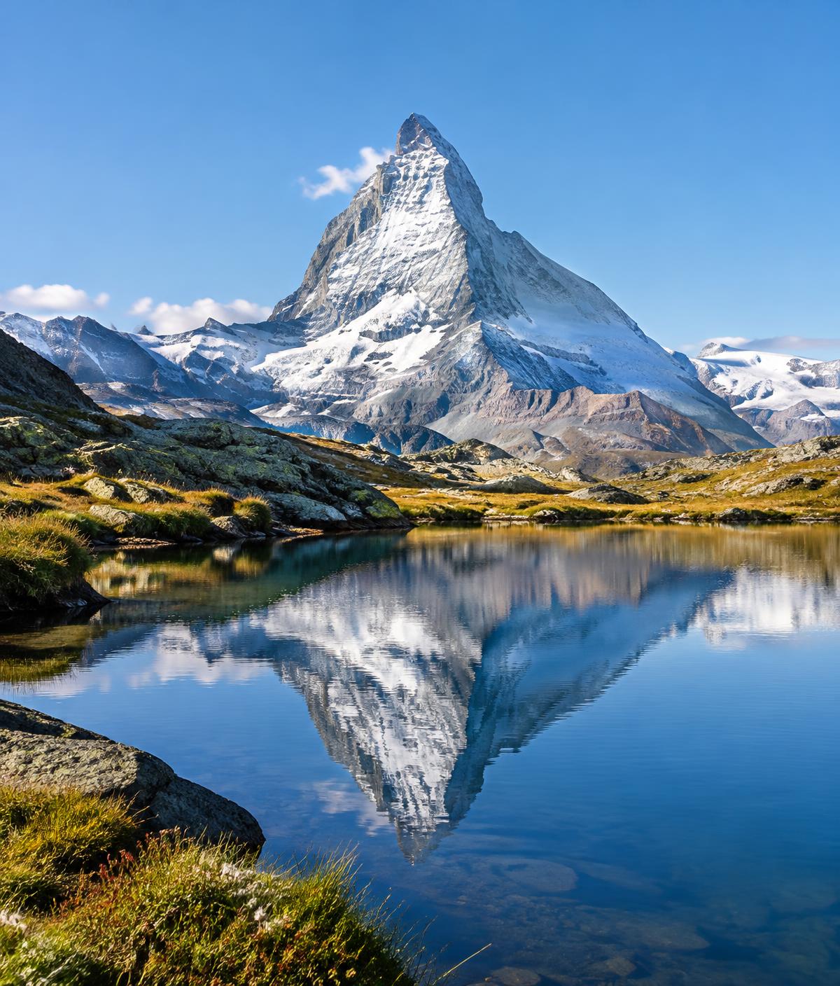 The Matterhorn reflected in a calm alpine lake in Switzerland