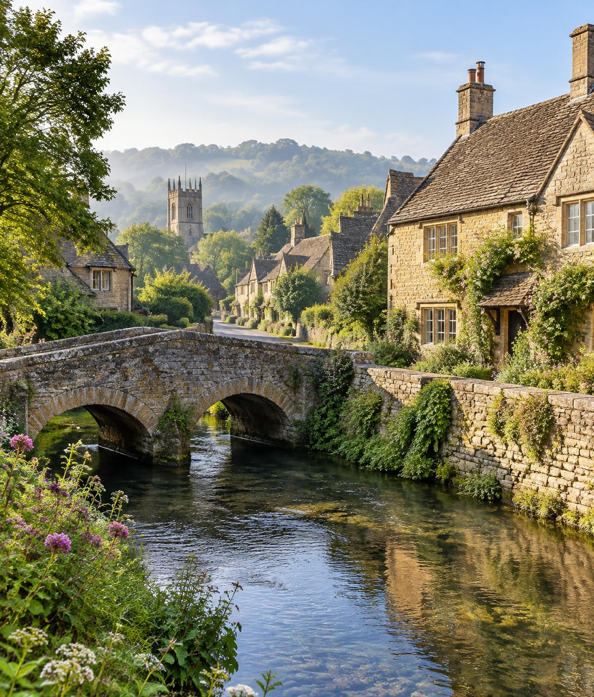 Honey-stone cottages and an old stone bridge in an English village