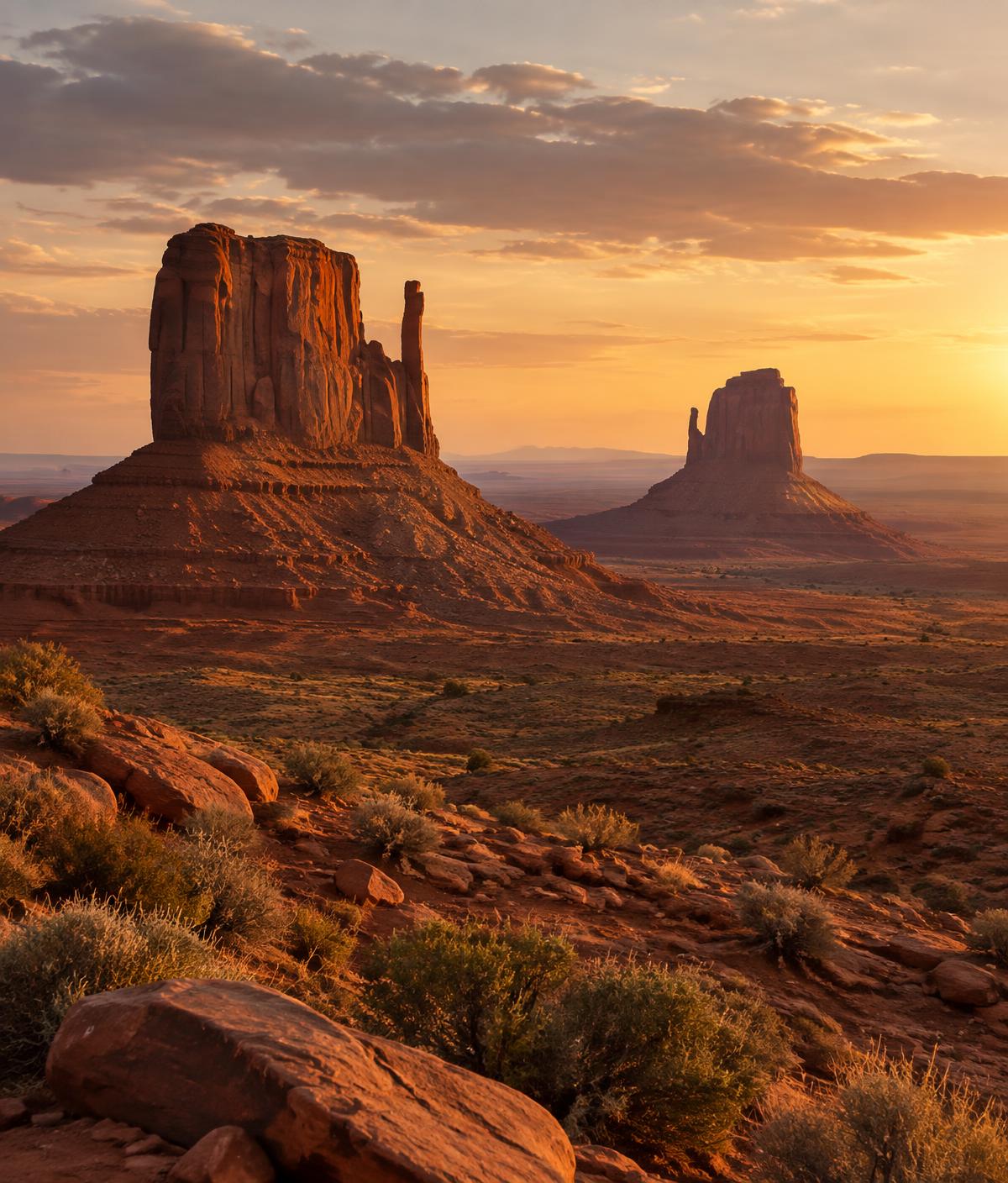 Red sandstone buttes of Monument Valley at sunset in the USA